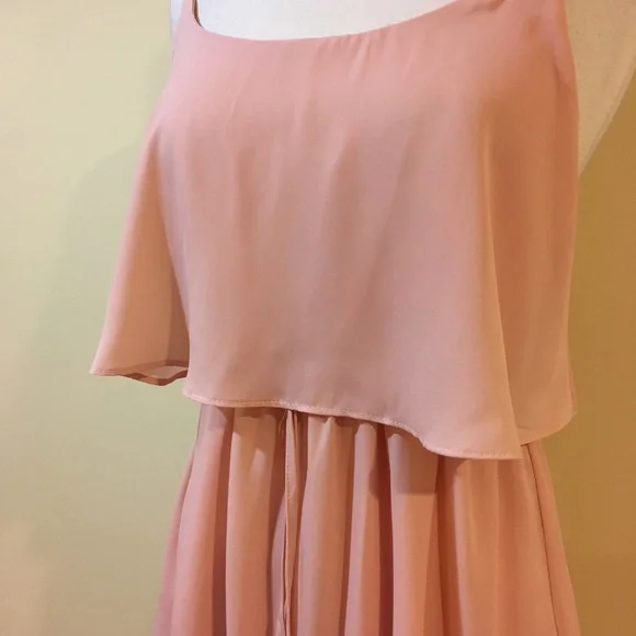 Ruffled Overlay Long Side Slits Spaghetti Strap Tie Front Blush Dress - Picture 4 of 7